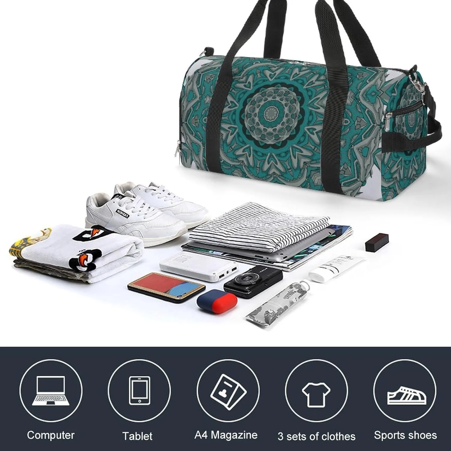 Gym Duffel Bag with Shoe Compartment Wet Pocket, Tile Mehndi Colorful Travel Bag for Men Women