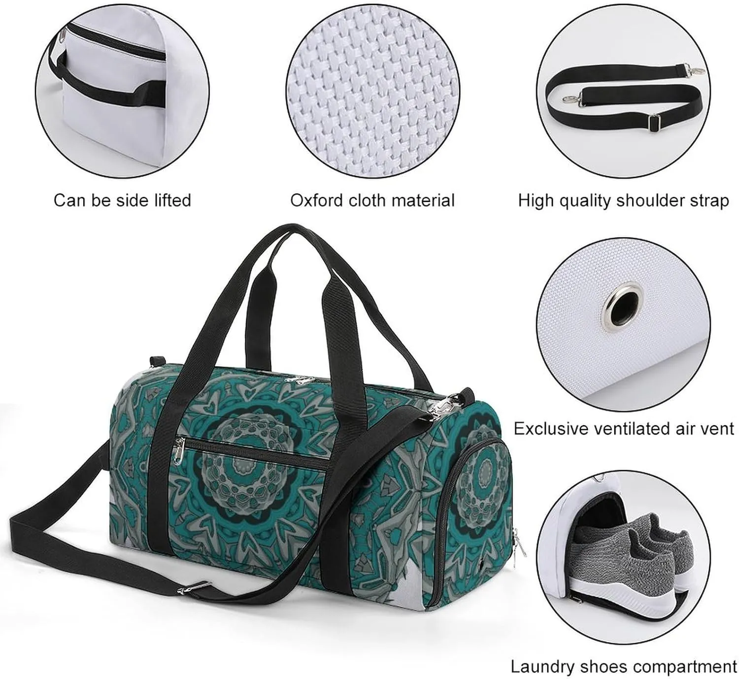 Gym Duffel Bag with Shoe Compartment Wet Pocket, Tile Mehndi Colorful Travel Bag for Men Women