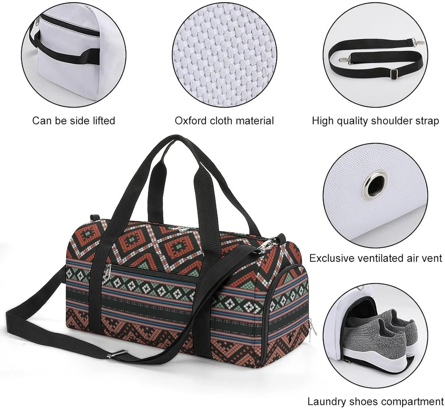 Gym Duffel Bag with Shoe Compartment Wet Pocket, Traditional Thai Element Travel Bag for Men Women
