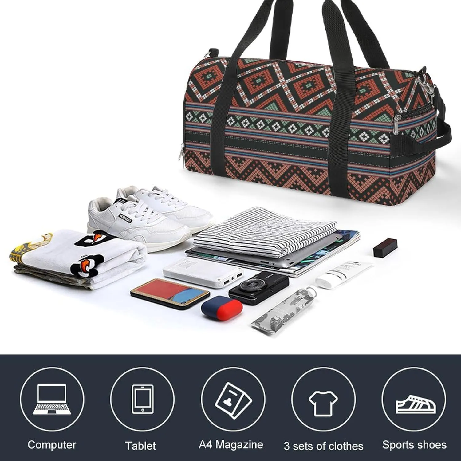 Gym Duffel Bag with Shoe Compartment Wet Pocket, Traditional Thai Element Travel Bag for Men Women