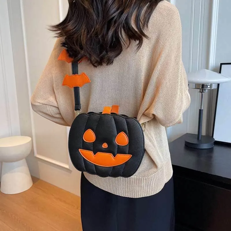 Halloween Bags Funny Pumpkin Cartoon Shoulder Crossbody Bag With Bat