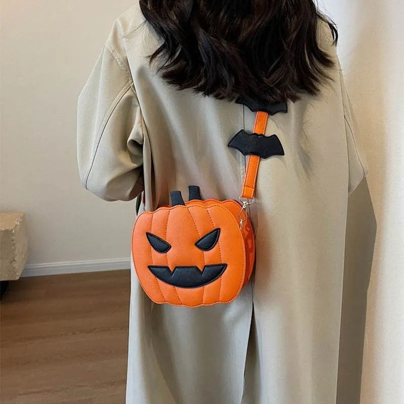 Halloween Bags Funny Pumpkin Cartoon Shoulder Crossbody Bag With Bat