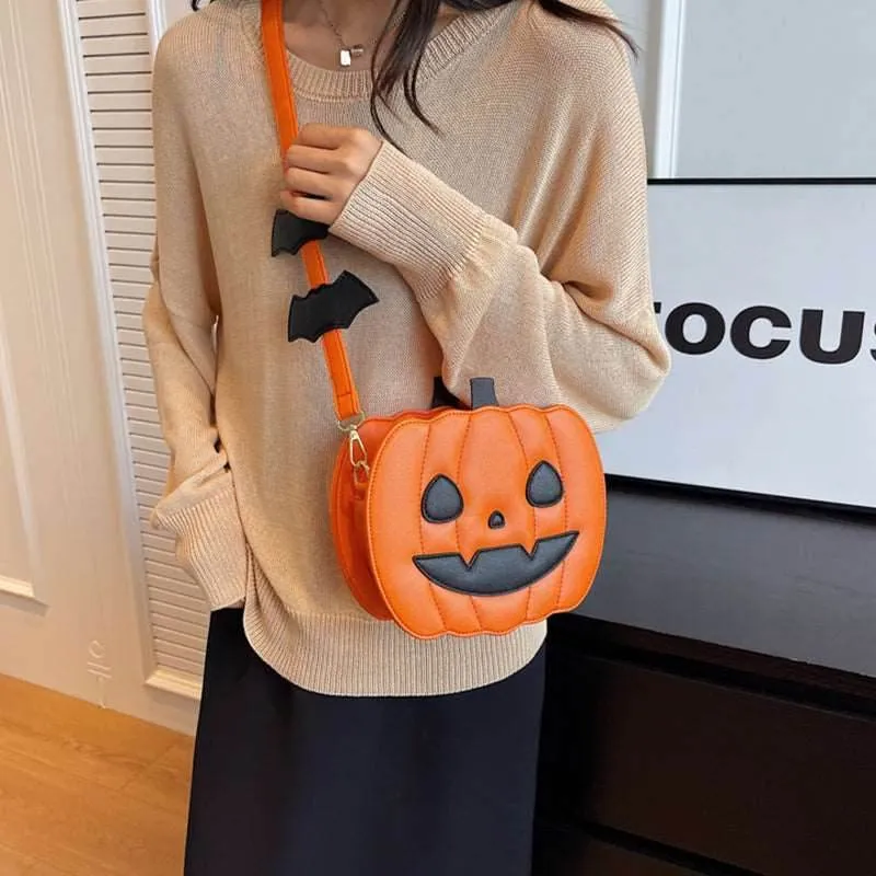 Halloween Bags Funny Pumpkin Cartoon Shoulder Crossbody Bag With Bat