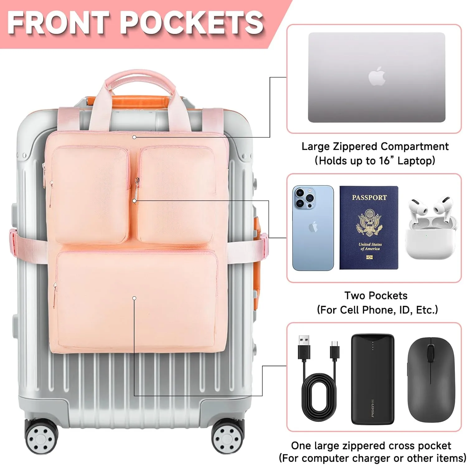 Hanging Luggage Organizer for Carry On Luggage and Suitcase,Travel Suitcase Organizer Bag with Adjustable Straps and Multiple Pockets for 16” Laptop,Pink