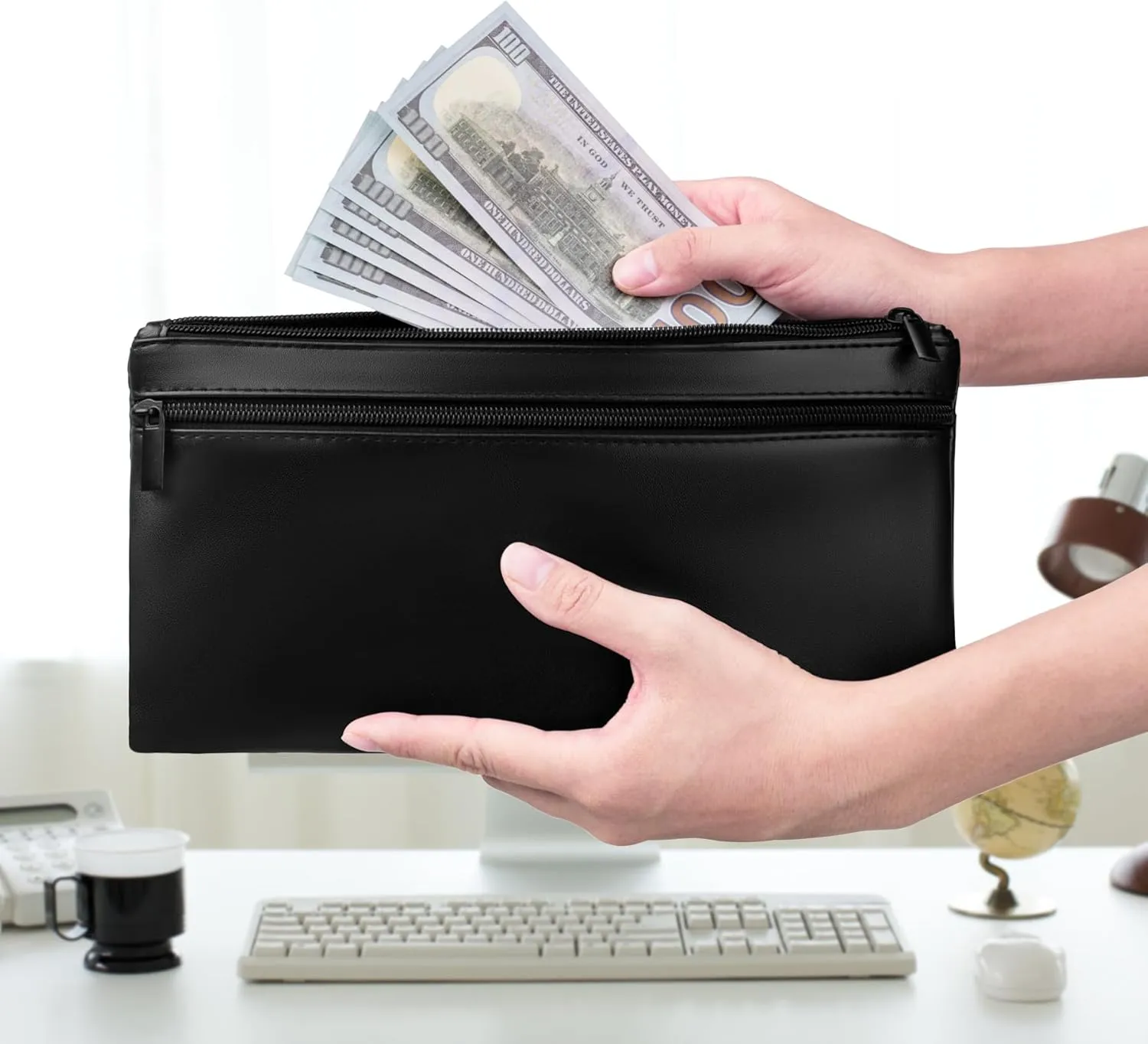 HAUTOCO 4 Pack Money Bag with Zipper 11x6.1 inch Money Pouch with Lined PU Leather Bank Bag Two Pockets Utility Wallet for Cash Check Receipt Coins Cosmetics