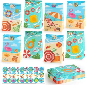 HEJIN 30 PCS Pool Party Favor Bags with 36 Stickers, Summer Gift Bags Pool Party Decorations Supplies for Kids, Mermaid Goodie Bags Beach Gifts for Birthday, Baby Showers, Wedding