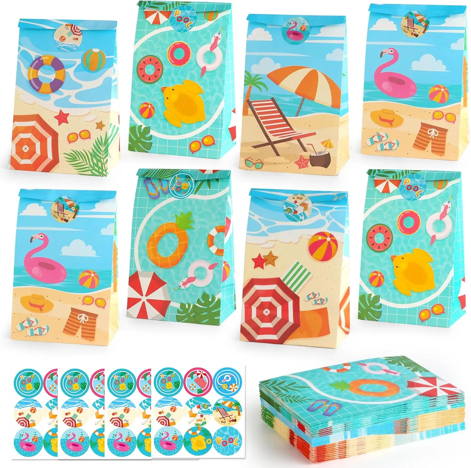 HEJIN 30 PCS Pool Party Favor Bags with 36 Stickers, Summer Gift Bags Pool Party Decorations Supplies for Kids, Mermaid Goodie Bags Beach Gifts for Birthday, Baby Showers, Wedding