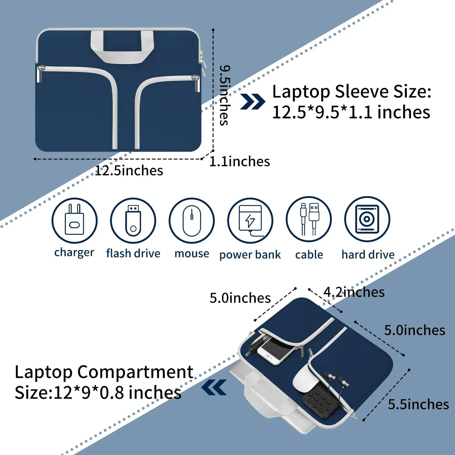 HESTECH Chromebook Case,11.6-12.3 Laptop Sleeve Neoprene Computer Handbag Protective Cover for Acer R11/Spin 311/HP Stream/Samsung/Surface X/7/6/5/Go 12.4"/13 inch MacBook Air/Pro M2 M1,Pacific Blue