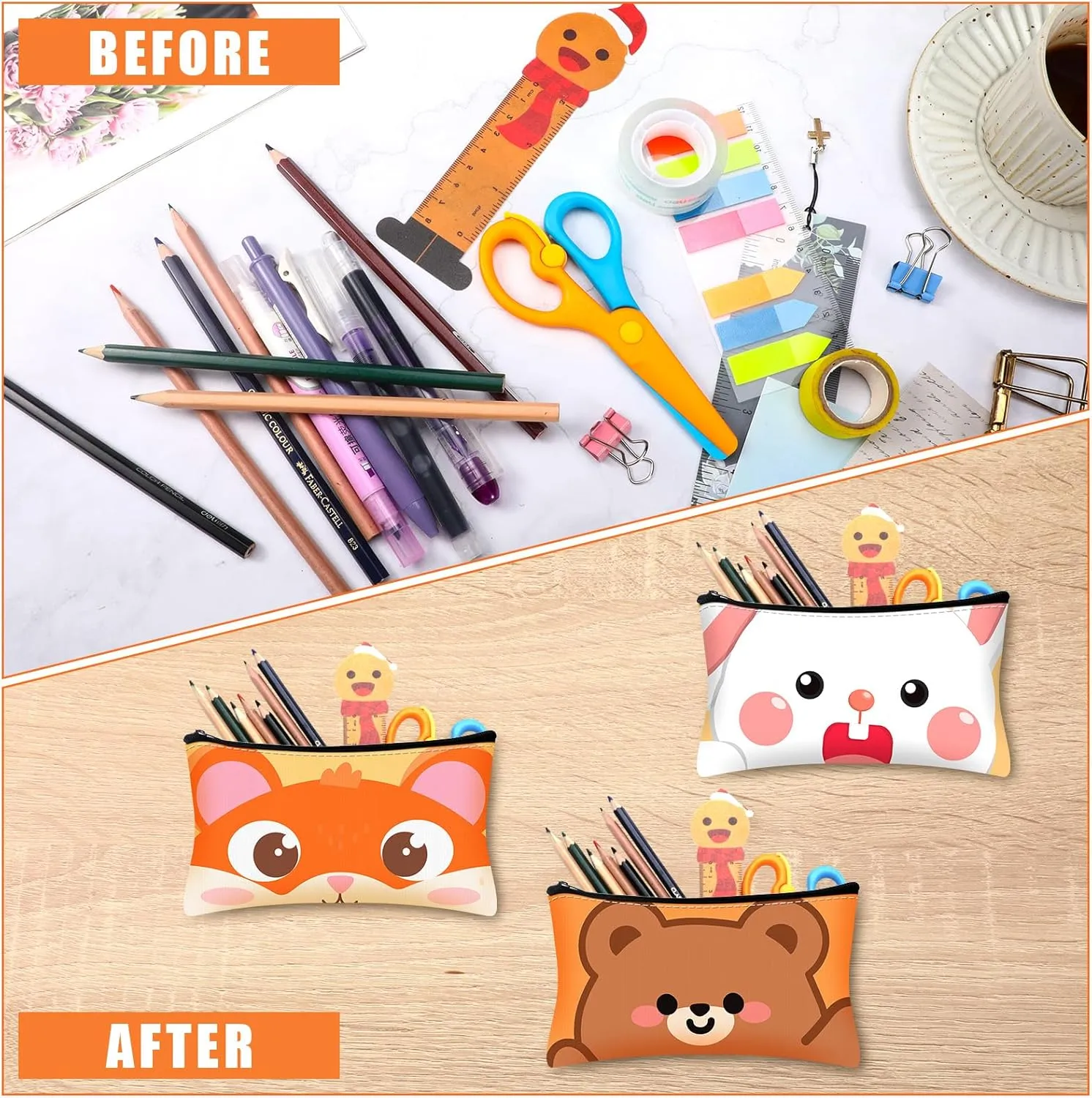 Hosuly 24 Pcs Bulk Cartoon Zipper Pencil Case Pouch Cute Cartoon Animal Pen Bag Multicolored Cat Bear Shark Bunny Canvas Pencil Pouch Organizer for Boy Girl Stationary Storage School