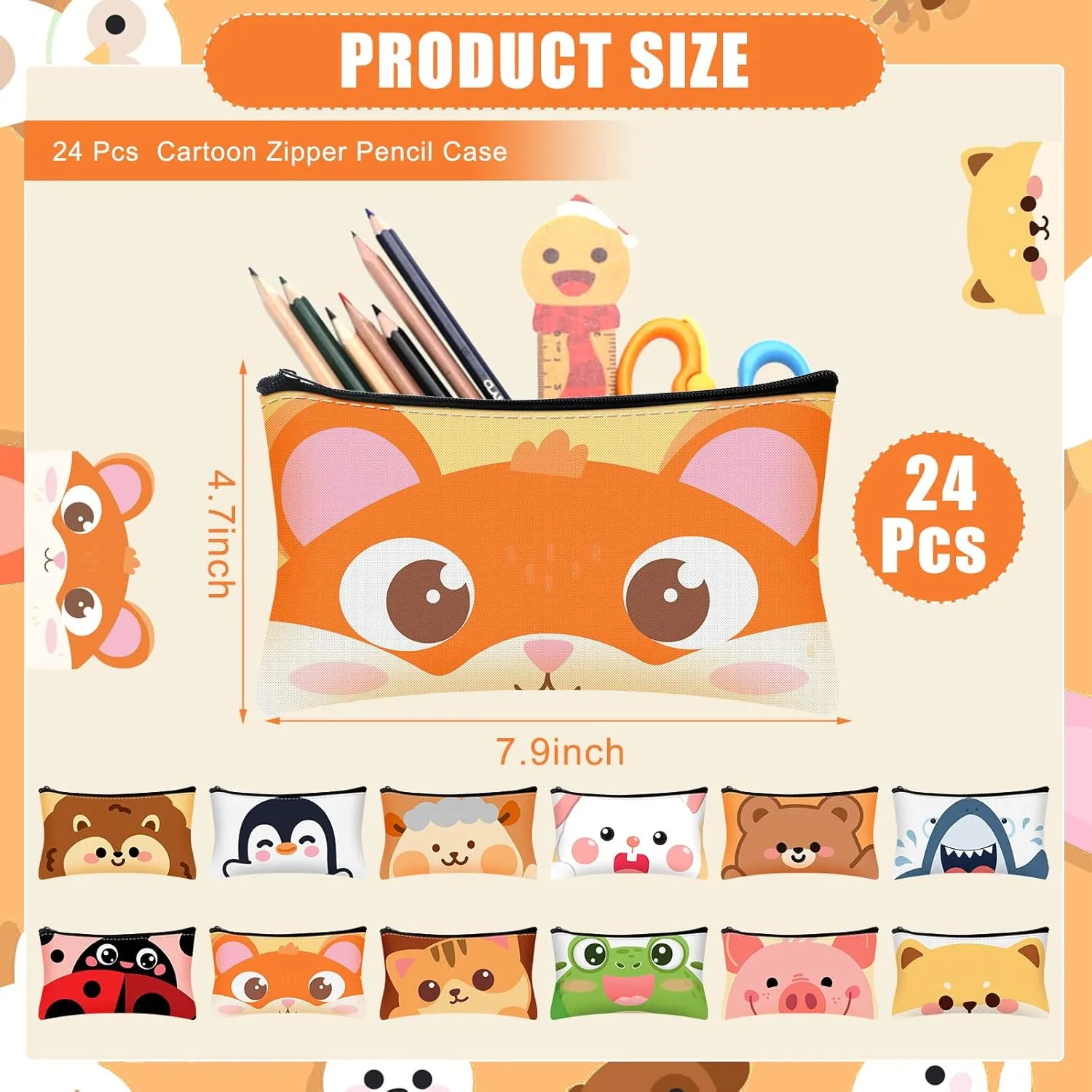 Hosuly 24 Pcs Bulk Cartoon Zipper Pencil Case Pouch Cute Cartoon Animal Pen Bag Multicolored Cat Bear Shark Bunny Canvas Pencil Pouch Organizer for Boy Girl Stationary Storage School