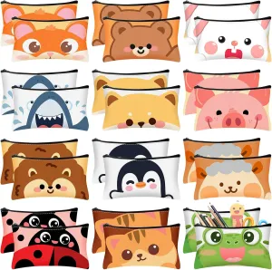 Hosuly 24 Pcs Bulk Cartoon Zipper Pencil Case Pouch Cute Cartoon Animal Pen Bag Multicolored Cat Bear Shark Bunny Canvas Pencil Pouch Organizer for Boy Girl Stationary Storage School