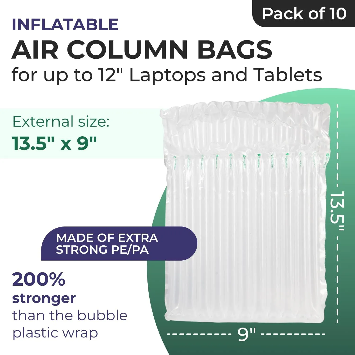 IDL Packaging Inflatable 12" Laptop and Tablet Protective Bags, Self Sealed, Pack of 10 - Reusable Air Column Bags for Packing, Travel and Shipping - Durable Case for Laptops and Tablets