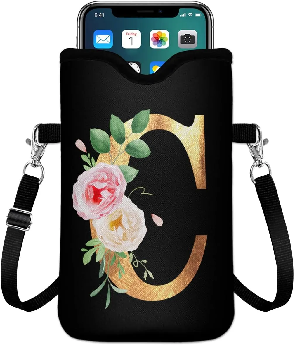Initial Neoprene Cell Phone Sleeve Pouch 7.6"x4.3" with Crossbody Strap/Neck Lanyard,2 Pockets Inner Universal Phone Bag for Womem Men Shockproof Mobile Protection Case Bag-Black Letter-C Phone Pouch