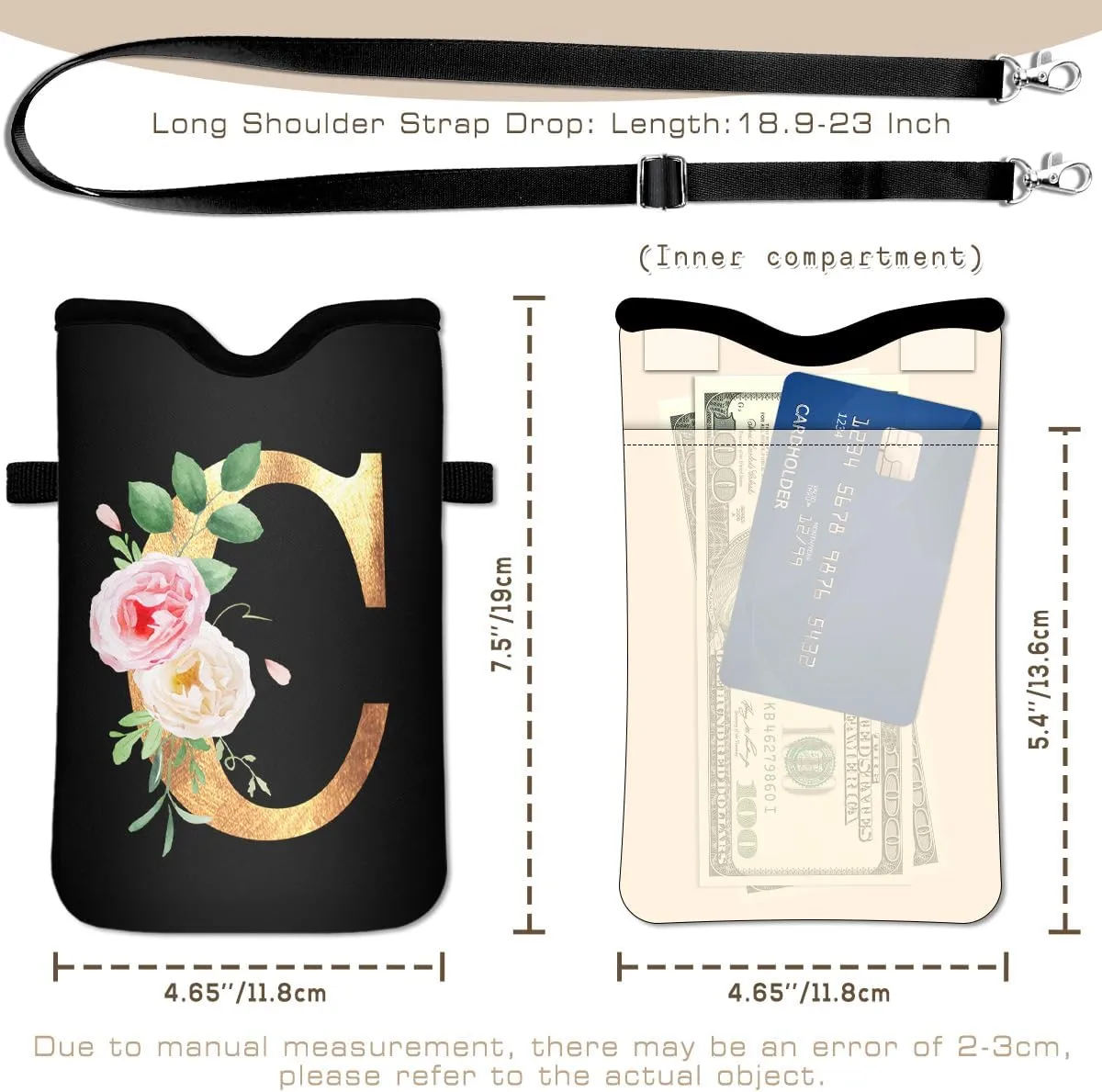 Initial Neoprene Cell Phone Sleeve Pouch 7.6"x4.3" with Crossbody Strap/Neck Lanyard,2 Pockets Inner Universal Phone Bag for Womem Men Shockproof Mobile Protection Case Bag-Black Letter-C Phone Pouch