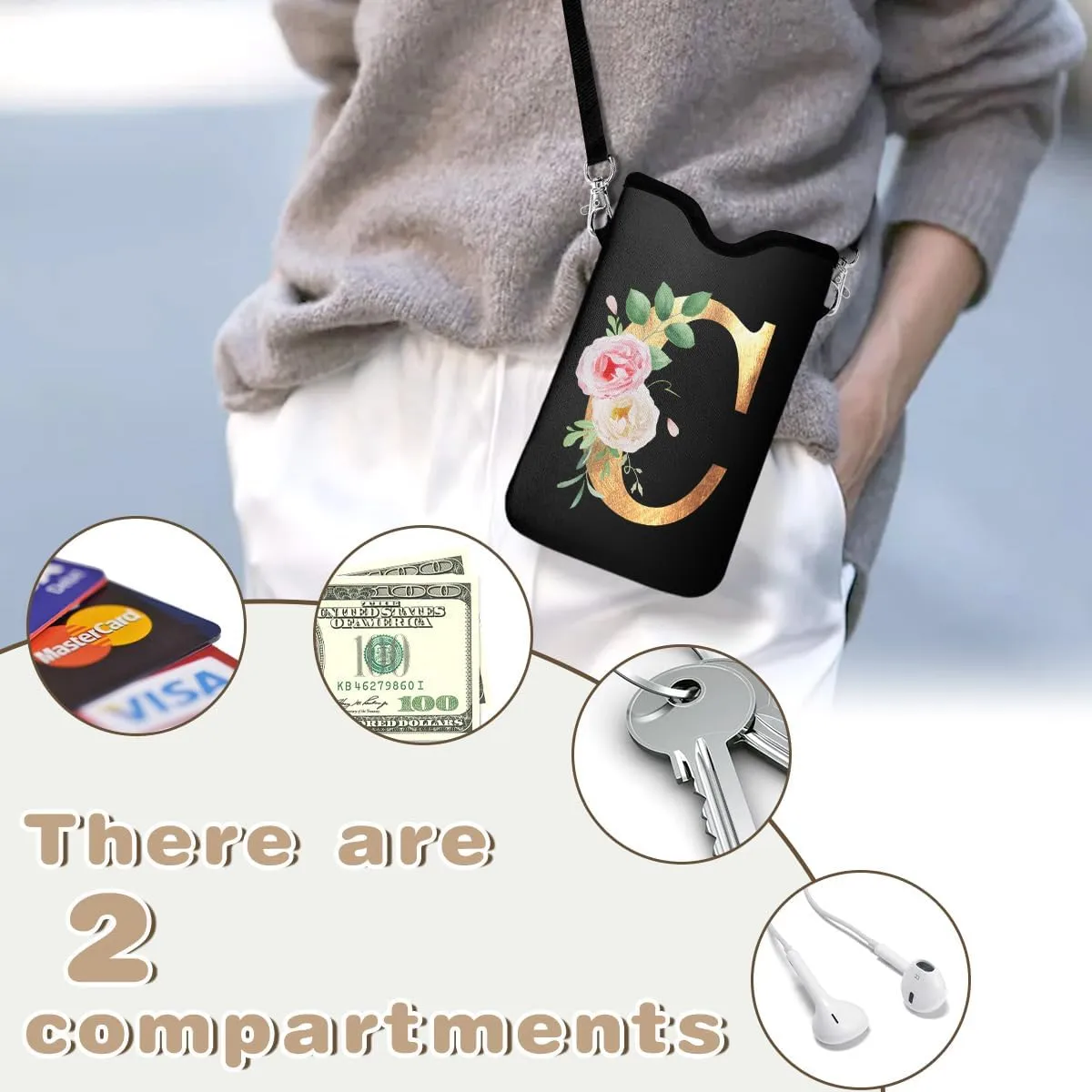 Initial Neoprene Cell Phone Sleeve Pouch 7.6"x4.3" with Crossbody Strap/Neck Lanyard,2 Pockets Inner Universal Phone Bag for Womem Men Shockproof Mobile Protection Case Bag-Black Letter-C Phone Pouch