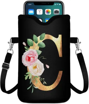 Initial Neoprene Cell Phone Sleeve Pouch 7.6"x4.3" with Crossbody Strap/Neck Lanyard,2 Pockets Inner Universal Phone Bag for Womem Men Shockproof Mobile Protection Case Bag-Black Letter-C Phone Pouch