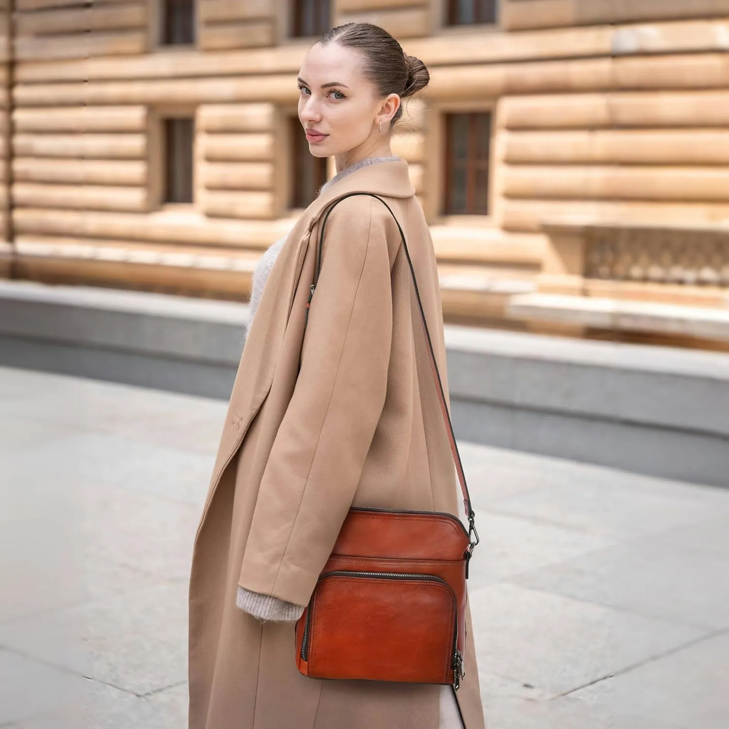 Iswee Leather Crossbody Bags for Women Multi Pockets Medium Shoulder Bag Lightweight Functional Travel Purse