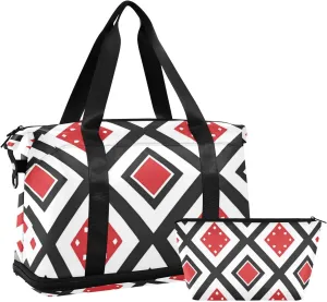 Japan Argyle Pattern Red Black Large Travel Bag Carry On Shoulder Weekend Tote with Adjustable Strap for Business Trips 2 Pcs Set