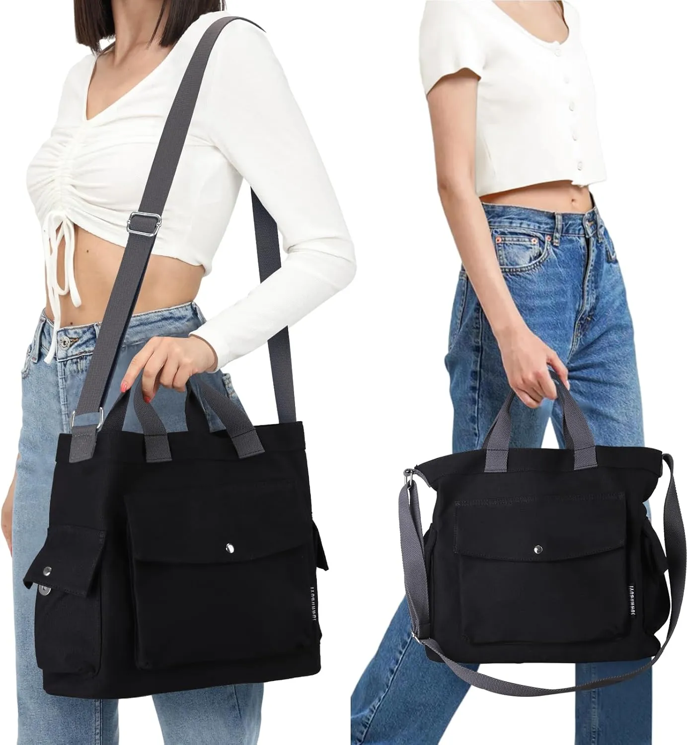 Juoxeepy Canvas Tote Bag with Pockets for Women Crossbody Bag Canvas Shoulder Bag Work Tote Bag Hobo Handbag for Men