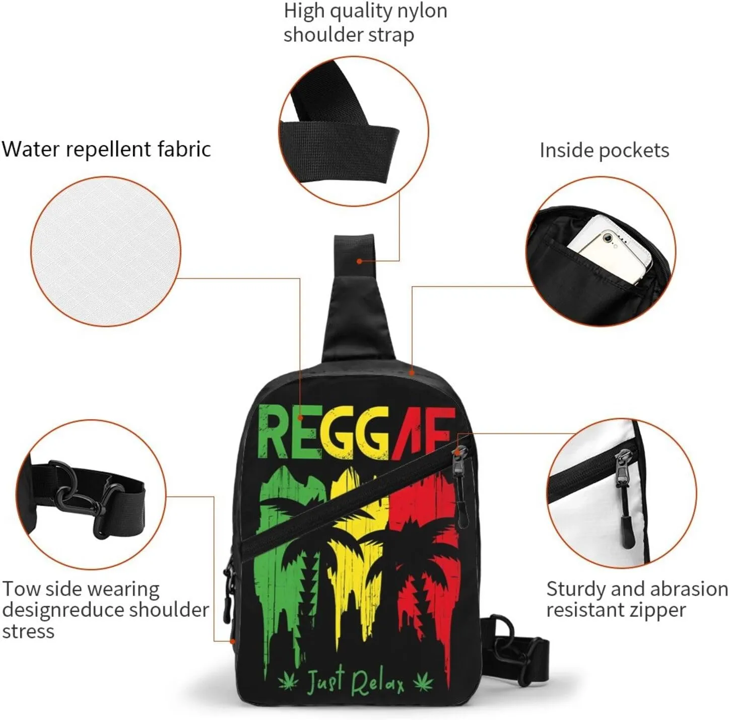 Just Relax Reggae Music Portable Sling Bags Packable Crossbody Bag Foldable Sport Daypack Reusable Shoulder Backpack Diagonally Chest Bag for Workout Travel