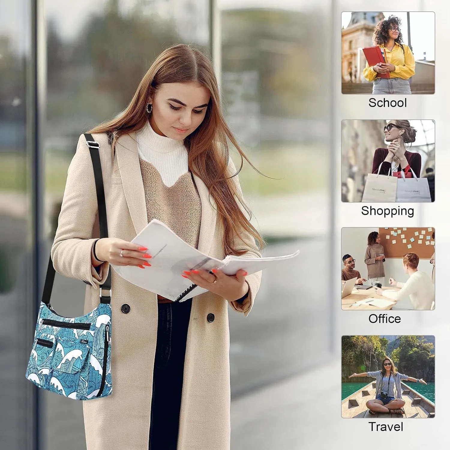 Kamo Crossbody for Women - Multi-pocket Shoulder Lightweight Messenger Casual Printed Purse Handbag Travel Bag