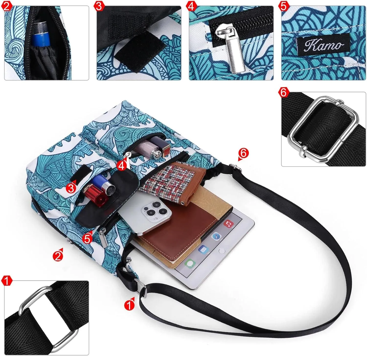 Kamo Crossbody for Women - Multi-pocket Shoulder Lightweight Messenger Casual Printed Purse Handbag Travel Bag