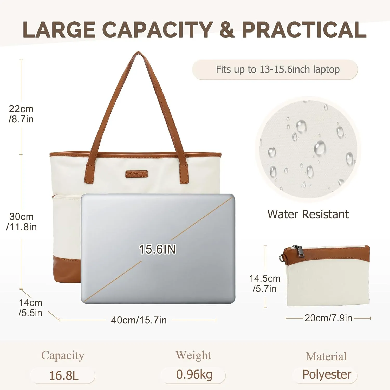 Kasqo Laptop Tote Bag for Women, 15.6" Water Resistant Shockproof Large Shoulder Work Teacher Bag with Luggage Sleeve