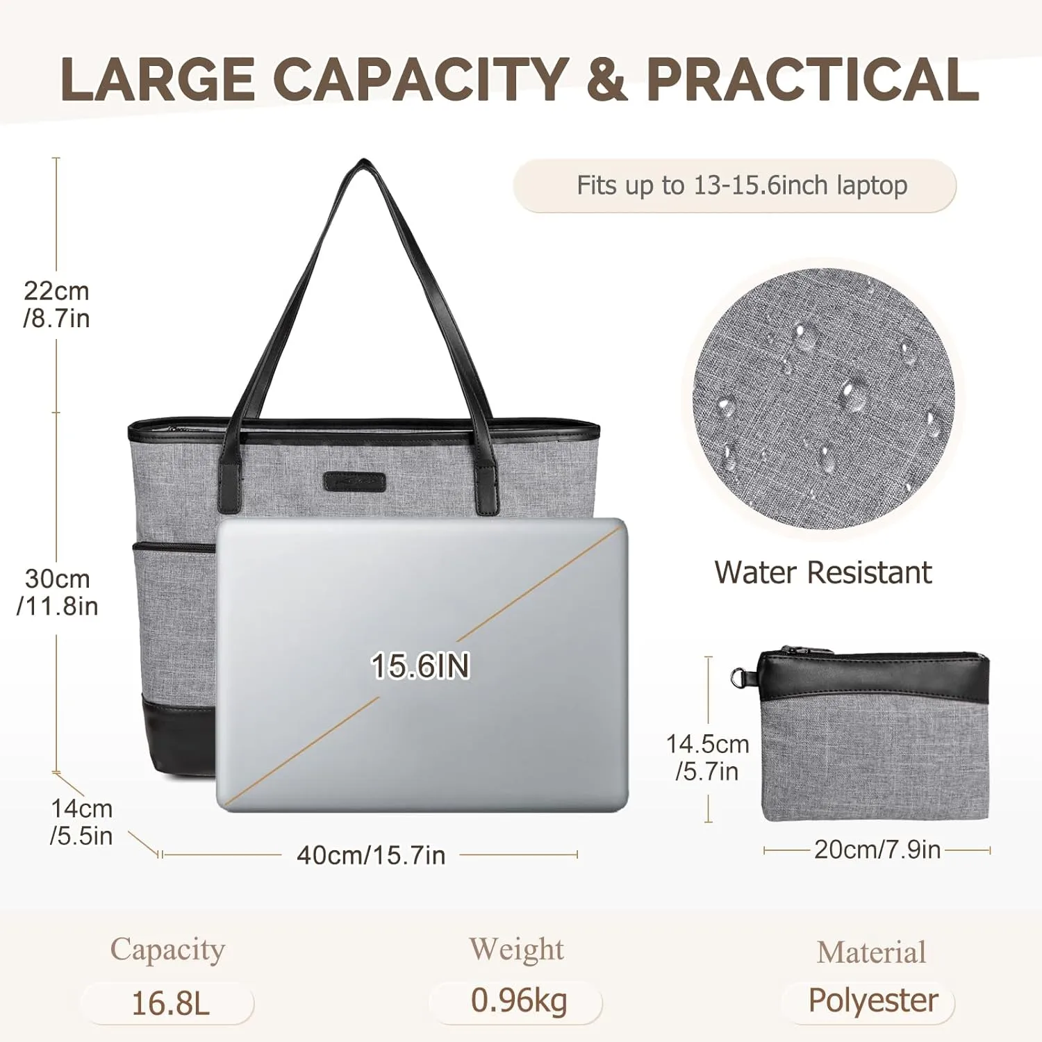 Kasqo Laptop Tote Bag for Women, 15.6" Water Resistant Shockproof Large Shoulder Work Teacher Bag with Luggage Sleeve