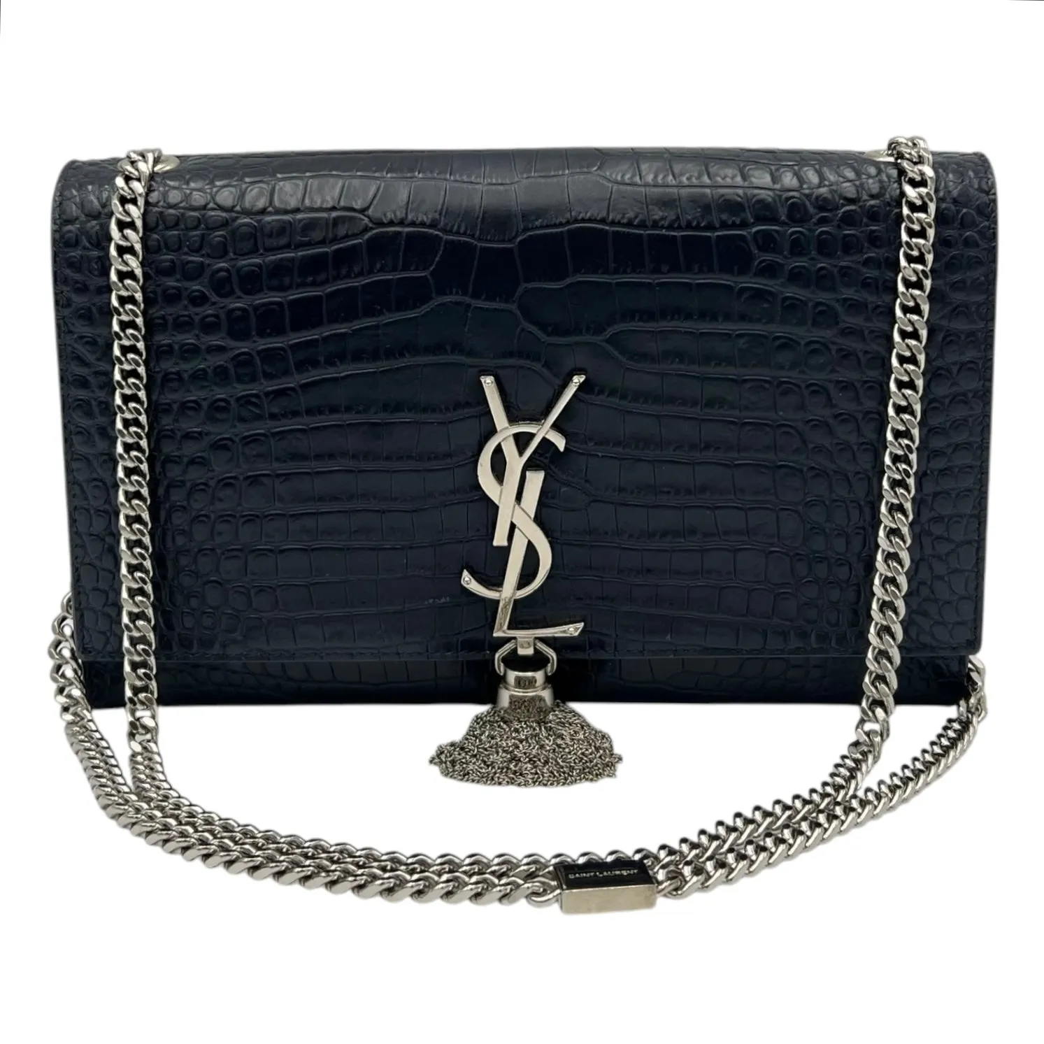 Kate Crossbody Bag Blue in Crocodile Embossed Calfskin, Silver hardware