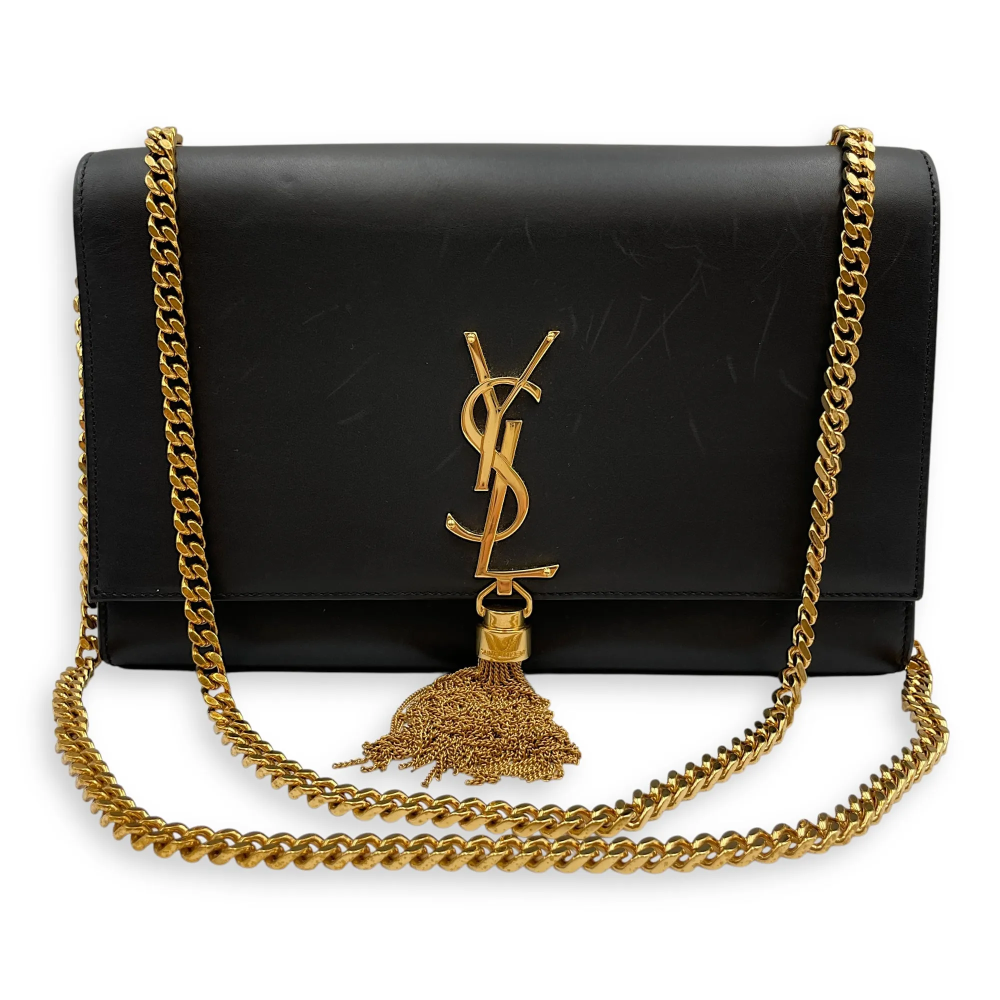 Kate Tassel Medium Black Crossbody Bag in Calfskin, Gold hardware