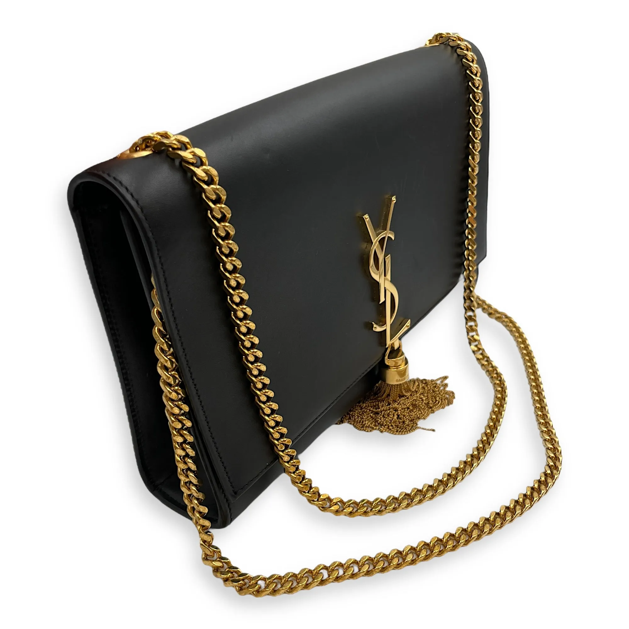 Kate Tassel Medium Black Crossbody Bag in Calfskin, Gold hardware