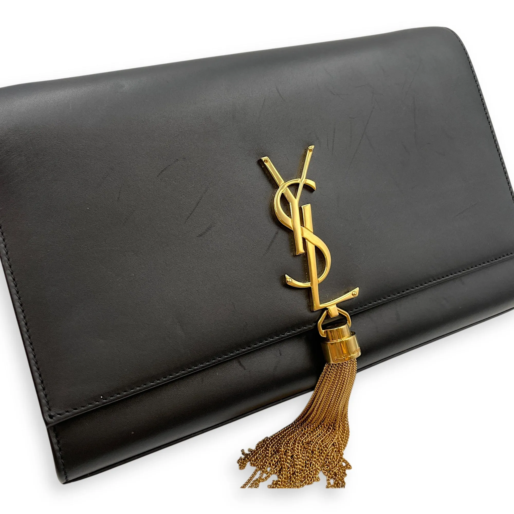 Kate Tassel Medium Black Crossbody Bag in Calfskin, Gold hardware