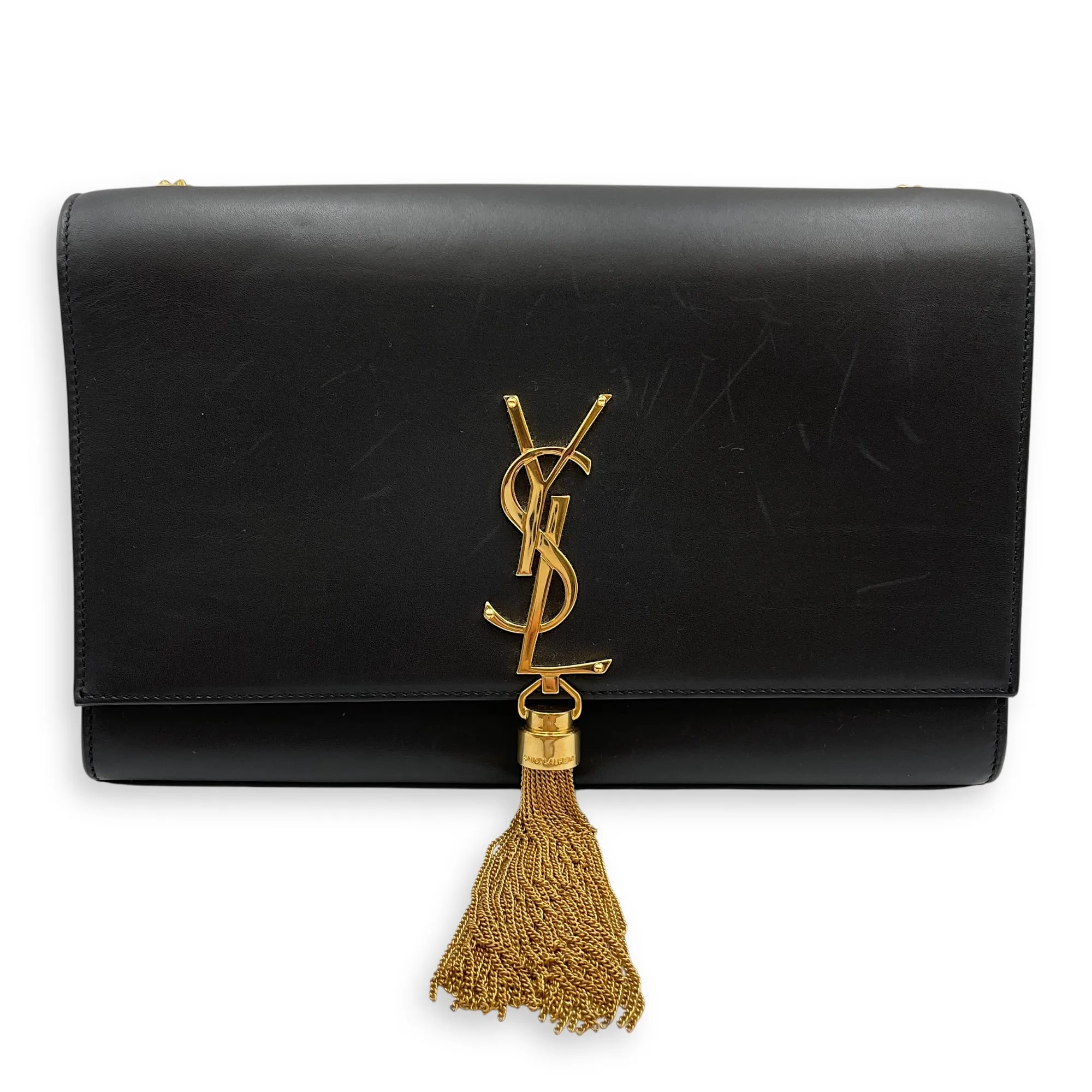 Kate Tassel Medium Black Crossbody Bag in Calfskin, Gold hardware