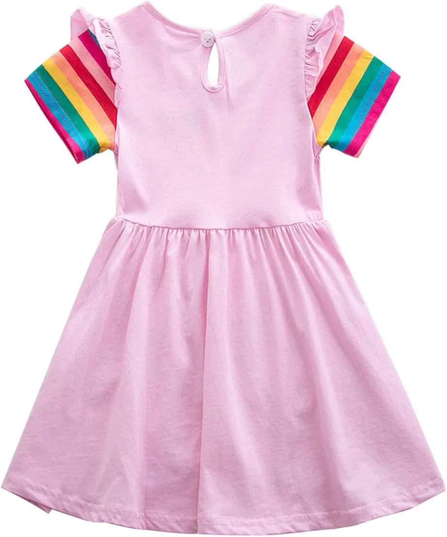 Kids Girls Summer Casual Unicorn Dresses Cotton Short Sleeve Crew Neck Dress 2-7 Years