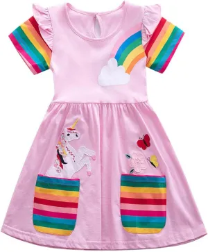 Kids Girls Summer Casual Unicorn Dresses Cotton Short Sleeve Crew Neck Dress 2-7 Years