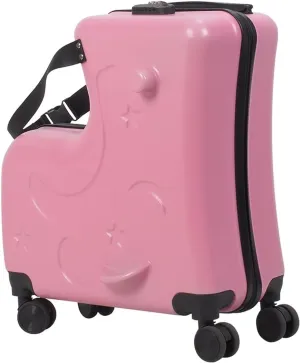 Kids Luggage With Wheels, Impact Resistant Rolling Children Travel Suitcase With Seat And Safety Belt, Carry-On Luggage With 4 Spinner Wheels, Ride On Suitcase For Kids Pink