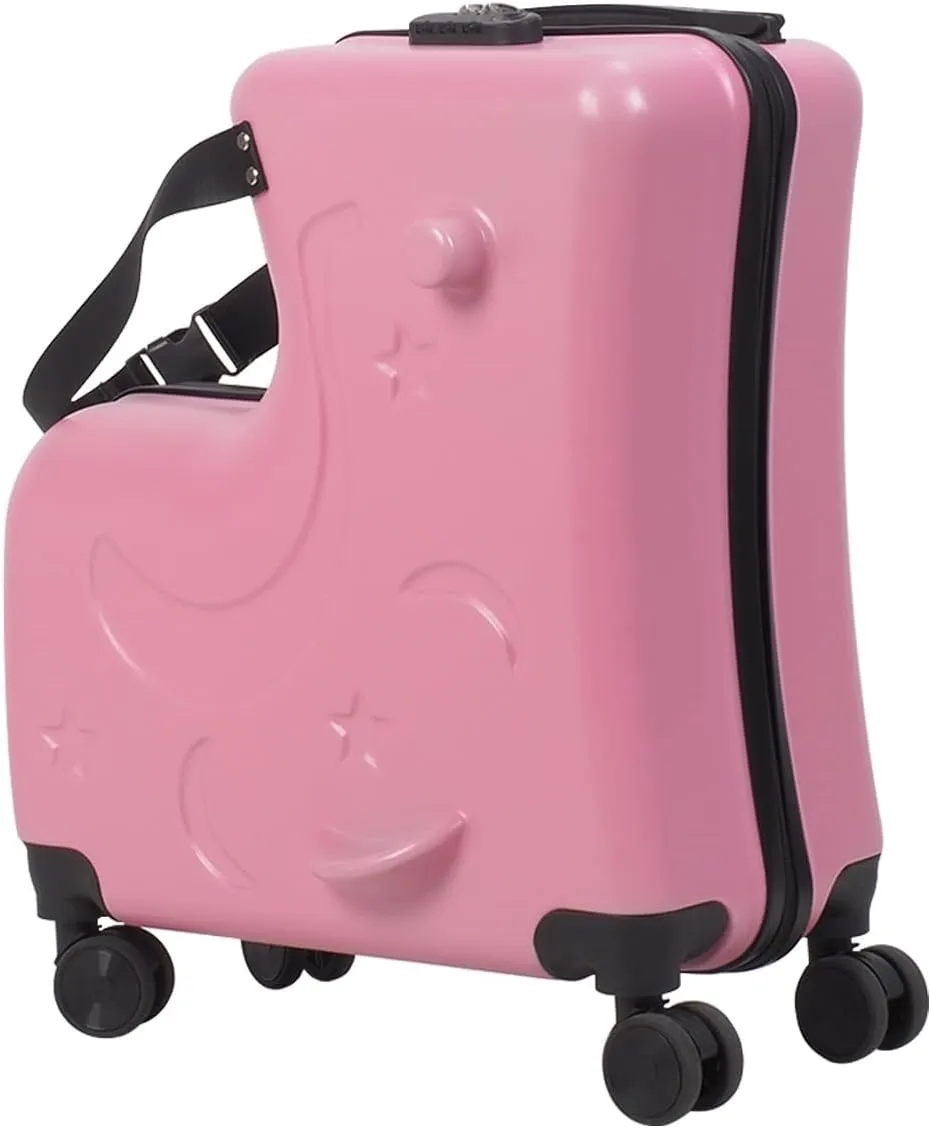 Kids Luggage With Wheels, Impact Resistant Rolling Children Travel Suitcase With Seat And Safety Belt, Carry-On Luggage With 4 Spinner Wheels, Ride On Suitcase For Kids Pink
