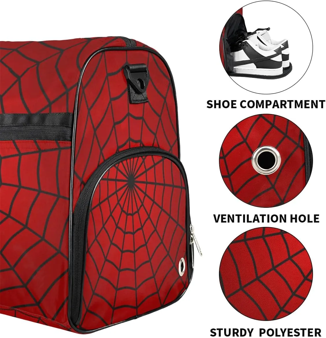 Kids Overnighter Duffel Bags for Boys Girls, Carry-On Size Sports Gym Bag with Shoe Compartments for School Practice or Overnight Travel Weekender Sleepover Tote Bag (Red Spider Web)