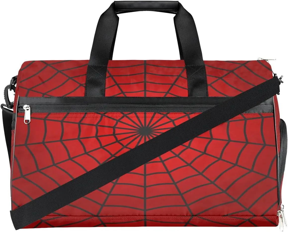 Kids Overnighter Duffel Bags for Boys Girls, Carry-On Size Sports Gym Bag with Shoe Compartments for School Practice or Overnight Travel Weekender Sleepover Tote Bag (Red Spider Web)