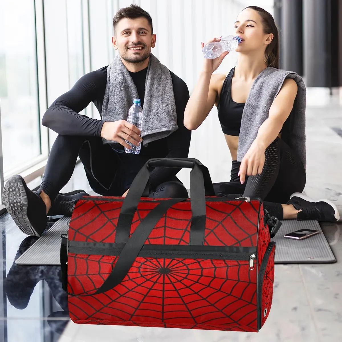 Kids Overnighter Duffel Bags for Boys Girls, Carry-On Size Sports Gym Bag with Shoe Compartments for School Practice or Overnight Travel Weekender Sleepover Tote Bag (Red Spider Web)