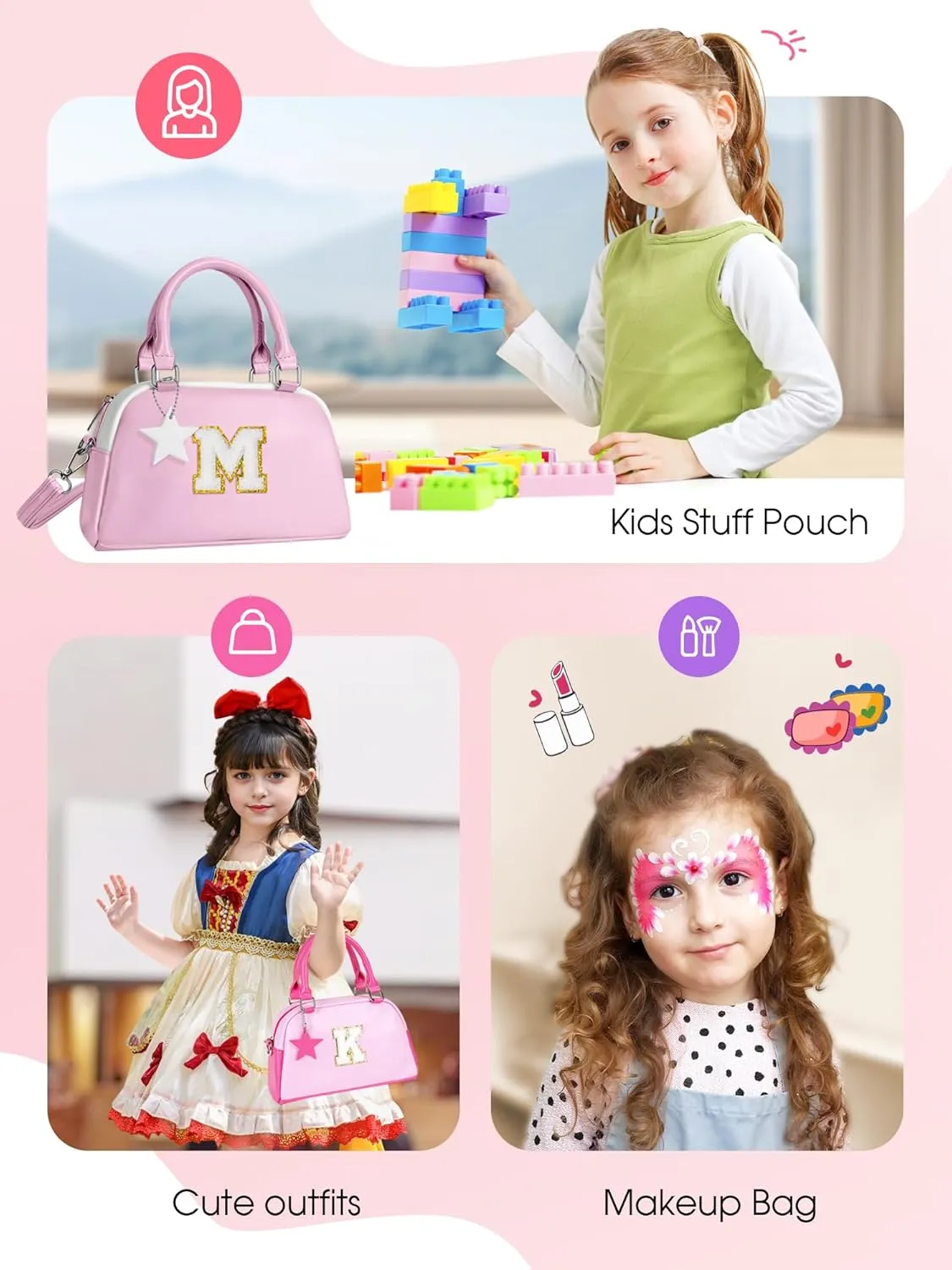 Kids Purse Handle Bag Crossbody bags, Makeup bag Girls Gifts, Gifts for 4-8-10-12 Girl Toddler, monogram Pouch Bag for makeup kits, Handbag-peach pink-E