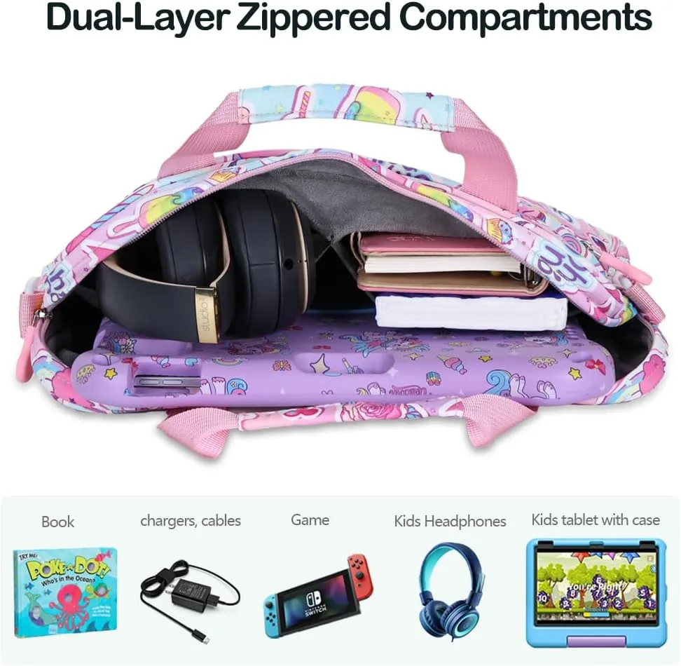 Kids Tablet Bag with Handle Shoulder Strap, 13 inch Cute Unicorn Tablet Sleeve Carrying Bag Case for Boy Girl Portable Kid Bag Fit Fire HD 10 HD 8 IPAD 10 10.2 7 8 9 Kids pro Tablets BQL