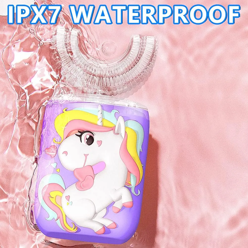 Kids Toothbrush Electric, U Shaped Automatic Toothbrush with 2 Brush Heads, Six Modes, Cartoon Modeling Design for Kids, Special for Birthday Gift (Unicorn Purple, Kids 7-12)