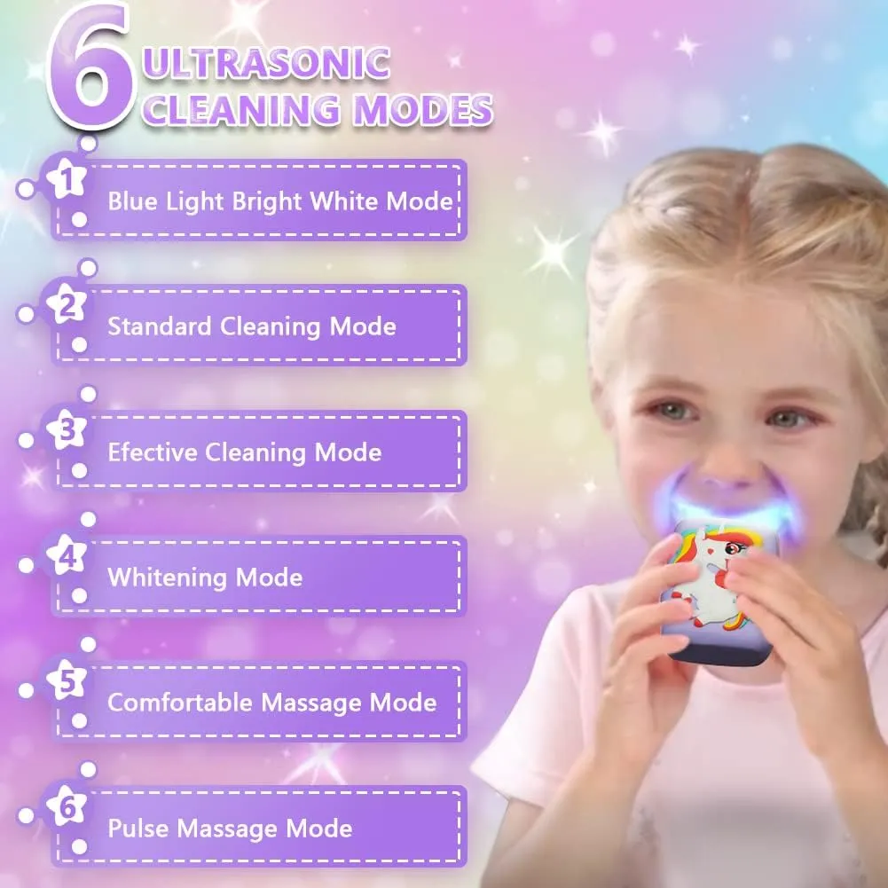 Kids Toothbrush Electric, U Shaped Automatic Toothbrush with 2 Brush Heads, Six Modes, Cartoon Modeling Design for Kids, Special for Birthday Gift (Unicorn Purple, Kids 7-12)