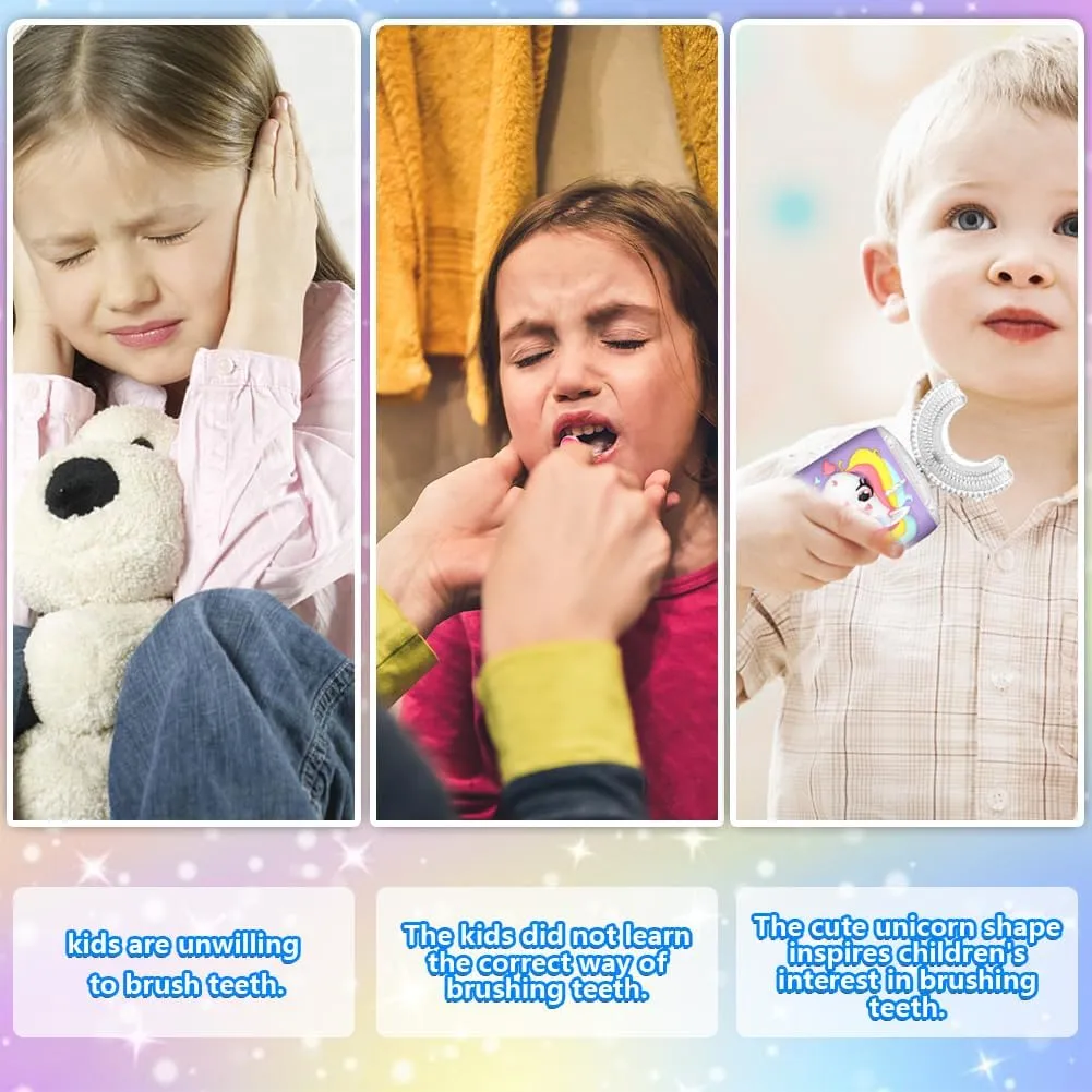 Kids Toothbrush Electric, U Shaped Automatic Toothbrush with 2 Brush Heads, Six Modes, Cartoon Modeling Design for Kids, Special for Birthday Gift (Unicorn Purple, Kids 7-12)