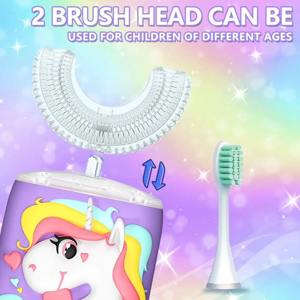 Kids Toothbrush Electric, U Shaped Automatic Toothbrush with 2 Brush Heads, Six Modes, Cartoon Modeling Design for Kids, Special for Birthday Gift (Unicorn Purple, Kids 7-12)