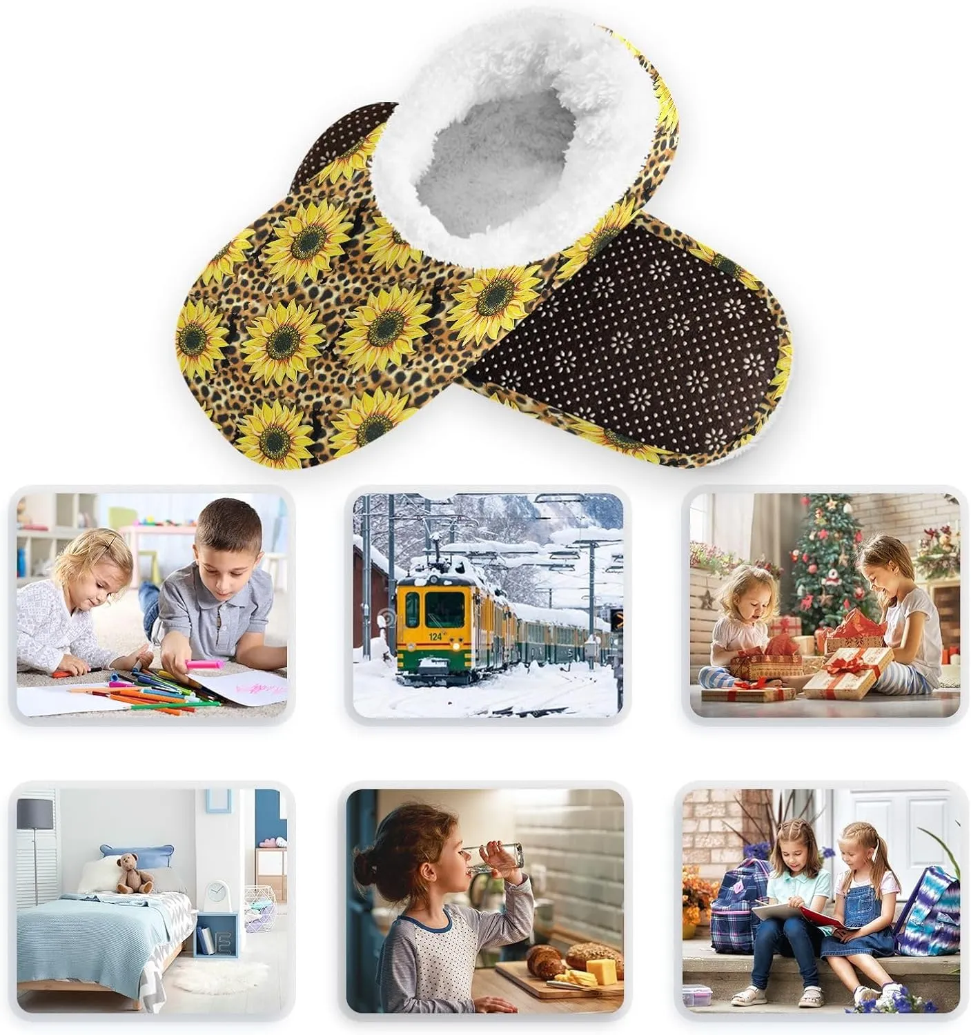 Kids Winter Slippers for Boys Girls Leopard Sunflowers Animal Print Warm Soft Non Slip House Slippers Children Indoor