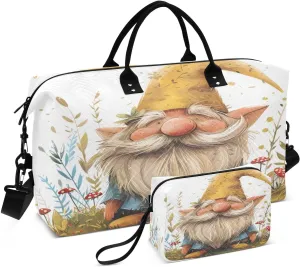Kigai Cute Dwarf Old Man Travel Duffel Bags 2PCS,Sports Duffel Bags for Men Women,Weekender Overnight Bag Gym Tote Bag with Toiletry Bag
