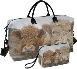 Kigai Cute Highland Cattle Baby Travel Duffel Bags 2PCS,Sports Duffel Bags for Men Women,Weekender Overnight Bag Gym Tote Bag with Toiletry Bag