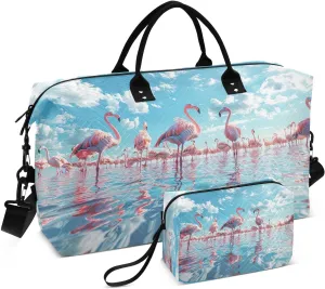 Kigai Foldable Travel Duffel Bags,Dwarf Old Man and Flamingo Sports Duffel Bags for Men Women,Weekender Overnight Bag Gym Tote Bag with Toiletry Bag